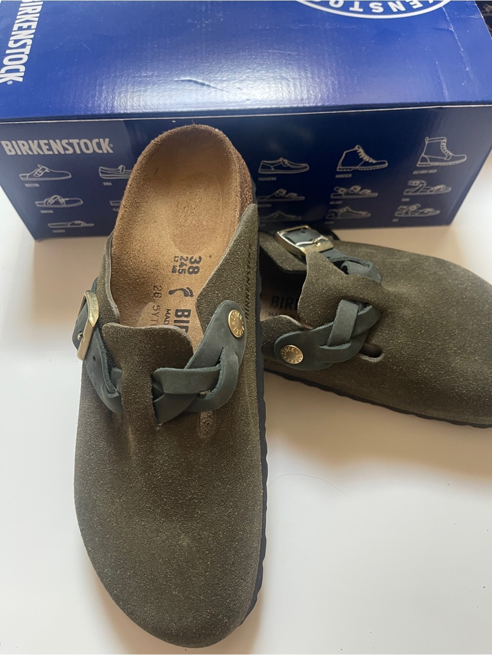 Women Birkenstock Olive Suede Boston Clog with Braided Strap